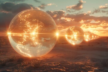 Three large, glowing spheres in a desert landscape