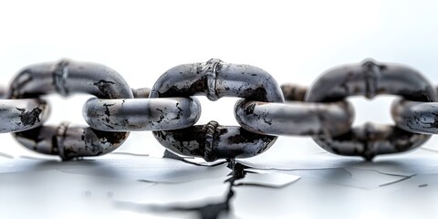 Image shows broken chain with visible metal links indicating damage or separation. Concept Broken Chain, Metal Links, Damage, Separation, Broken Object