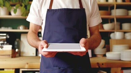 Close-up of a man in an apron holding an empty plate, possibly a waiter or chef.