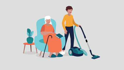 Adobe Illustrator Vektor-Illustration einer pflegebed&uuml;rftigen &auml;lteren Person, die entspannt in einem Sessel sitzt, w&auml;hrend eine Krankenschwester das Haus putzt - soziales KonzeptArtwork