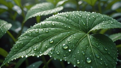 Green leaf with water drops. Nature background. Close-up.
