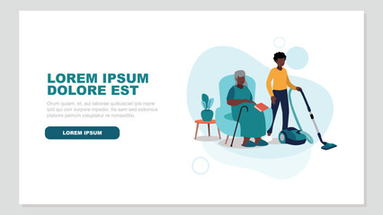 Adobe Illustrator Vektor-Illustration einer pflegebed&uuml;rftigen &auml;lteren Person, die entspannt in einem Sessel sitzt, w&auml;hrend eine Krankenschwester das Haus putzt - soziales KonzeptArtwork