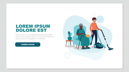 Adobe Illustrator Vektor-Illustration einer pflegebed&uuml;rftigen &auml;lteren Person, die entspannt in einem Sessel sitzt, w&auml;hrend eine Krankenschwester das Haus putzt - soziales KonzeptArtwork