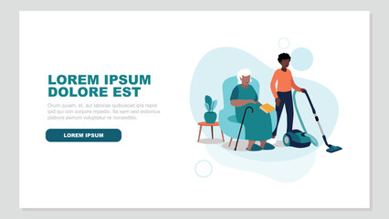 Adobe Illustrator Vektor-Illustration einer pflegebedürftigen älteren Person, die entspannt in einem Sessel sitzt, während eine Krankenschwester das Haus putzt - soziales KonzeptArtwork