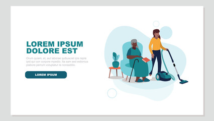 Adobe Illustrator Vektor-Illustration einer pflegebed&uuml;rftigen &auml;lteren Person, die entspannt in einem Sessel sitzt, w&auml;hrend eine Krankenschwester das Haus putzt - soziales KonzeptArtwork