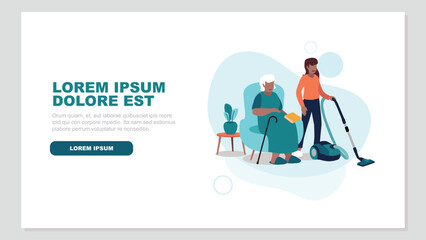 Adobe Illustrator Vektor-Illustration einer pflegebedürftigen älteren Person, die entspannt in einem Sessel sitzt, während eine Krankenschwester das Haus putzt - soziales KonzeptArtwork