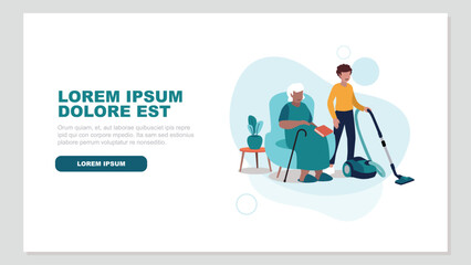 Adobe Illustrator Vektor-Illustration einer pflegebed&uuml;rftigen &auml;lteren Person, die entspannt in einem Sessel sitzt, w&auml;hrend eine Krankenschwester das Haus putzt - soziales KonzeptArtwork