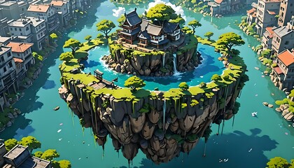 Fantasy island with castle in the middle of the water. 3d illustration