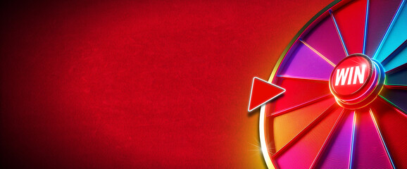 Extreme close-up of a multi colored wheel of fortune against a red velvet background with copy space, in the center of the wheel the writing Win. Generative Ai.