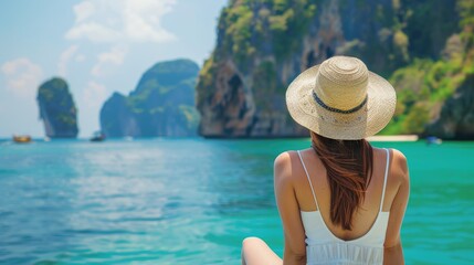 Fototapeta premium Beautiful Beaches: Tourist Woman on Yacht Enjoying Summer Holiday in Krabi, Thailand