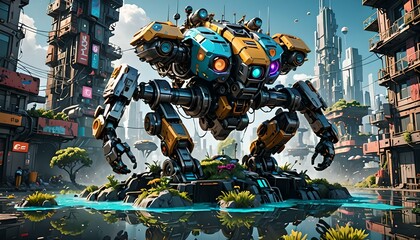battle robot on the background of a modern city. 3d rendering
