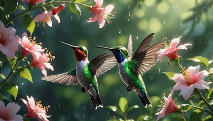 Two hummingbirds flying in the rain with pink flowers in the background
