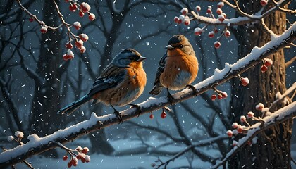 Two robins sitting on a branch in the winter snowfall.