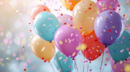 Colorful balloons and confetti on blurred background for birthday party celebration or other events