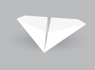 Paper plane model. Origami handmade aircraft view. Vector white paper airplane with shadow, isolated on gray background