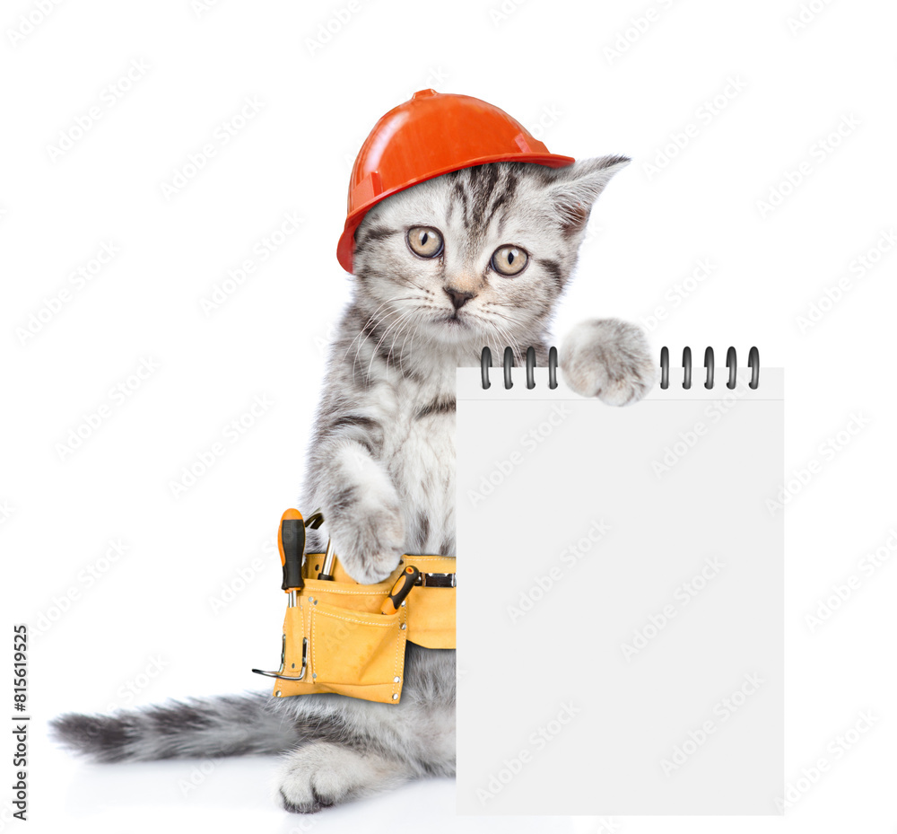 Poster Funny cat wearing hardhat and toolbelt shows blank notepad.  Isolated on white background