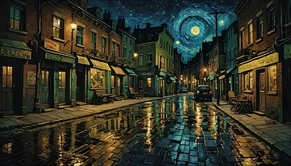 Night in the old town of Bruges, Belgium. Digital painting.
