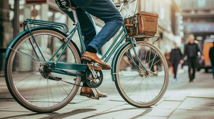 Obraz premium Biking to work in an urban setting, vintage, environmentally friendly commute, dynamic