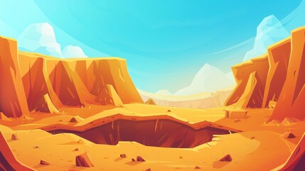 An archeological excavation, treasure hunting concept with golden sand dunes and dug pits in soil, cartoon modern illustration.