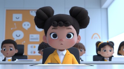 An animated businesswoman giving a presentation in a modern boardroom, with attentive colleagues.