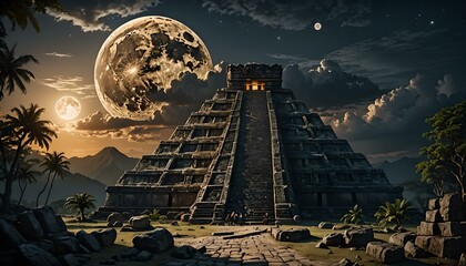 Ancient Mayan pyramid with full moon in the background. 3D rendering