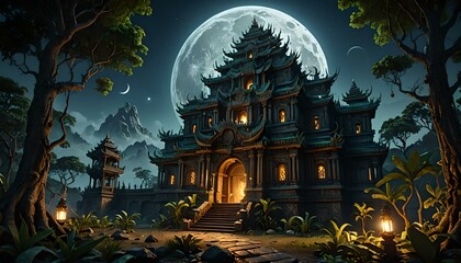 Ancient temple in the jungle with full moon. Fantasy landscape. 3D rendering