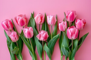 Obraz premium Flowers On Pink. Beautiful Bouquet of Pink Tulips on Pastel Background for Valentine's Day, Easter
