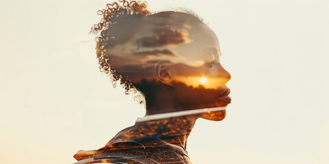 African American woman in a wheelchair winning a race, focus on triumph, space for inspirational text, double exposure silhouette with a finish line