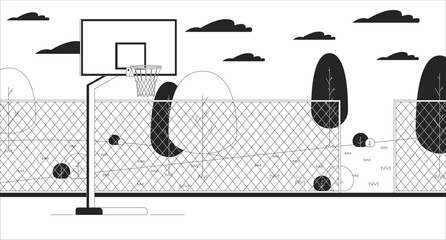 Basketball court black and white line illustration. Team ball game. Urban sportsground with equipment 2D landscape monochrome background. City park with sports field outline scene vector image © IMG visuals characte