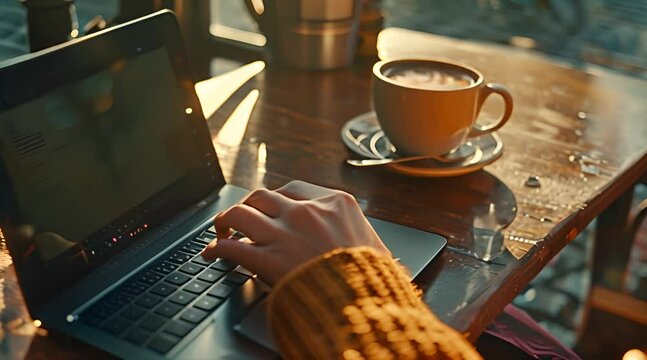 A woman working from a cafe with a cup of good coffee 