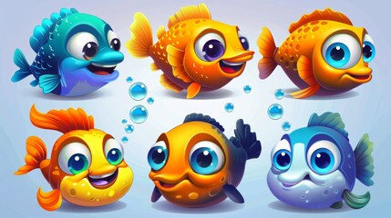 A set of sea fish in the middle of a tropical aquarium with colorful animals, including Goldfish, Piranha, clowns, puffers, and cartoon animals for computer games, including cartoon goldfish,
