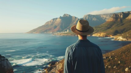 Male traveler in hat enjoying coastal view with mountains in the distance
