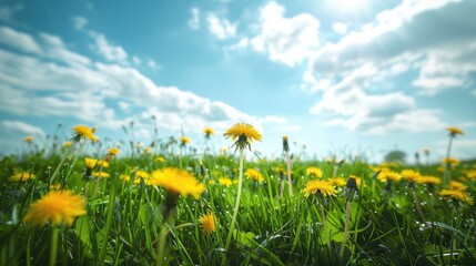 Obraz premium Nature Meadow. Green Grass and Yellow Dandelion Flowers in Spring Meadow