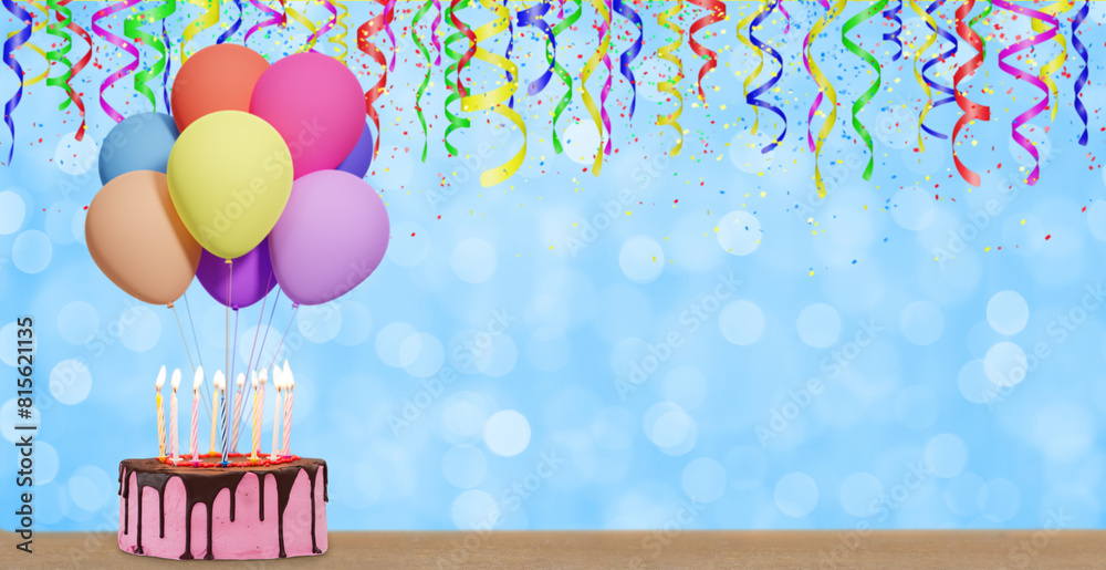 Poster birthday cake with bunch of colorful balloons on blurred blue background. empty space for text. 3d r