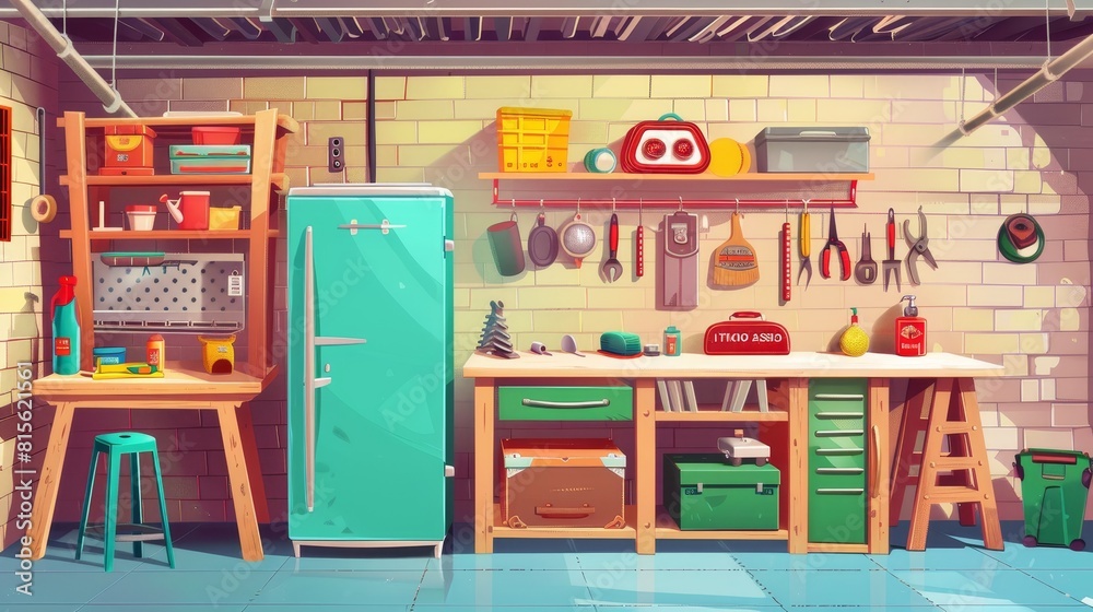 Wall mural Workshop or storeroom with construction tools, tables, shelves with instruments, old refrigerator, and tools for carpentry and repair work. Modern cartoon illustration.