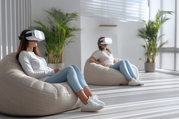 Futuristic vision of using VR AR immersive technology in business, two women sitting in modern office using VR AR equipment, created with Generative AI