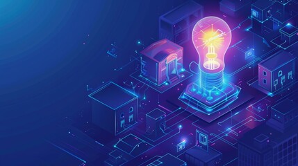 An isometric web banner showing a glowing light bulb with a smart home theme. Home lamp and household equipment control, internet of things wireless technology, service. Full-color desktop graphics,