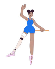 Black ballerina with leg prosthesis 2D linear cartoon character. African american female dance isolated line vector person white background. Life with disability color flat spot illustration