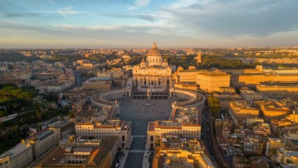 Saint Peter's Square and Basilica in Vatican City, Vatican at Sunrise. Drone View