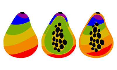 A set of papayas painted in all colors of the rainbow. Individual fruits are color only. A whole and cut fruit. LGBT symbol. Suitable for website, blog, product packaging and more