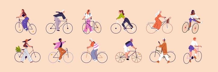 People ride bicycles set. Happy bicyclists drive. Different funny cyclists move, go, rush on sports and classical bikes. Various rider cycling. Summer activities. Flat isolated vector illustrations