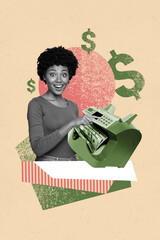 Vertical collage poster young cheerful woman banker cash printer machine dollar sign earnings profit money finance concept