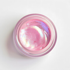 Glossy pink lip balm or eyeshadows in a round open jar on white background, top view