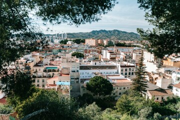 Aerial view of the bustling skyline of Malaga city in Andalusia, Spain.