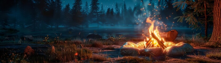 Campfire storytelling under the stars, fantasy style, glowing firelight, enchanted
