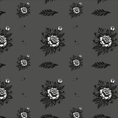 seamless pattern with roses, gray background, black and white, dark vector illustration