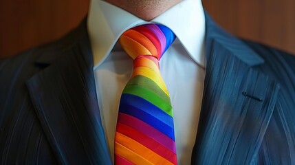 Closeup of a rainbow tie worn by a businessman at a formal corporate event, elegant and statementmaking