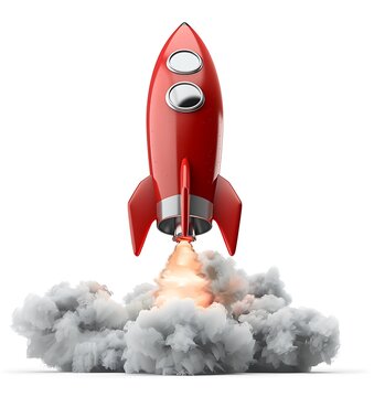 recommend clip art: 3d red rocket flying in white background, smoke coming out of the bottom of it, white background, clip art style, no shadow