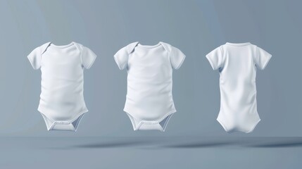 Blank babies' t-shirts, onesie, clothes, mockup set of a baby body, white romper or bodysuit, on a grey background. Realistic 3D modern illustration, mockup.