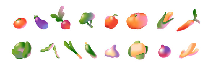 Different abstract vegetables of gradient style set. Healthy natural food of farm. Coloured pumpkin, cucumber, greens, carrot, cabbage, broccoli. Flat isolated vector illustrations on white background